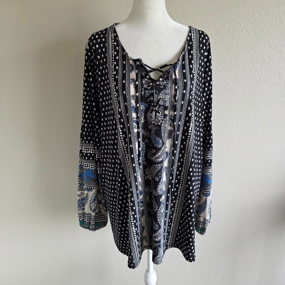 Style & Co Blouse Tunic Black Floral Paisley Stretch Shoelace Tie Neck Plus 2X - Picture 1 of 8